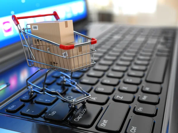 Shopping cart filled with boxes, representing e-commerce